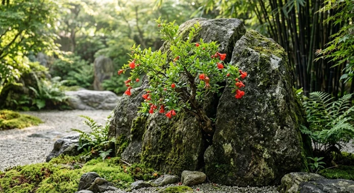 Hình ảnh minh họa cây lựu mọc trên đá tảng giúp giải đáp thạch lựu mộc là gì và ý nghĩa phong thủy của nạp âm này