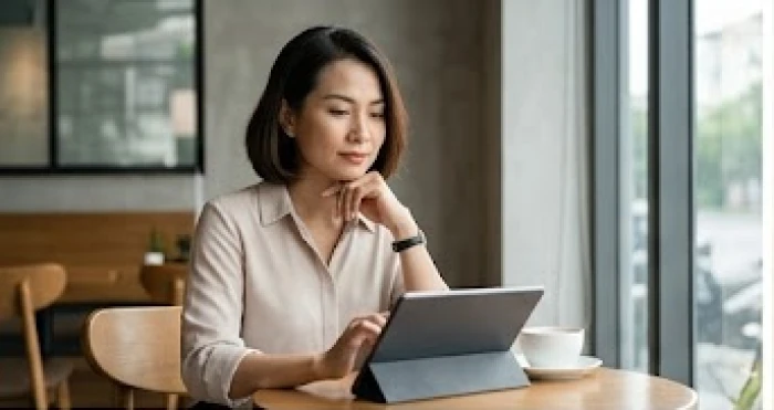 Người phụ nữ Việt Nam điềm tĩnh ngồi suy nghĩ phân tích vấn đề trước khi đưa ra quyết định