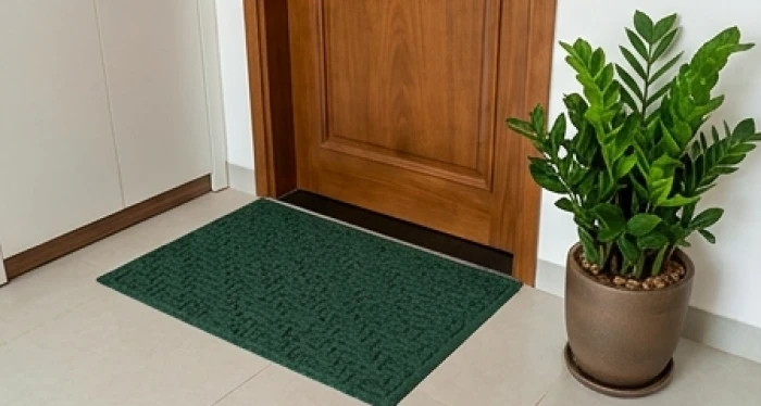 Lối ra vào cửa chính đặt thảm màu xanh lá cây cùng chậu cây Kim Tiền cao vượng khí ngăn sát khí