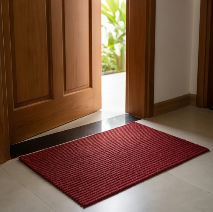 Thảm chùi chân màu đỏ cam thuộc hành Hỏa đặt tại bậc ra vào cửa chính hướng Nam để hóa giải Tuyệt Mệnh