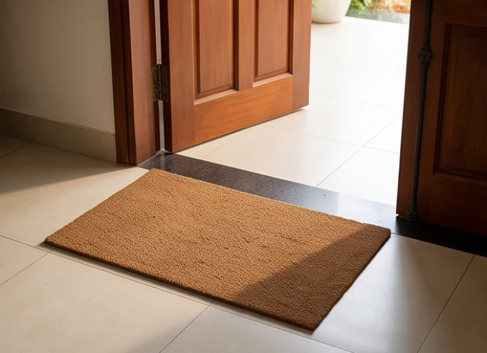 Tấm thảm chùi chân màu nâu đất được đặt ngay ngắn trước cửa chính ngôi nhà