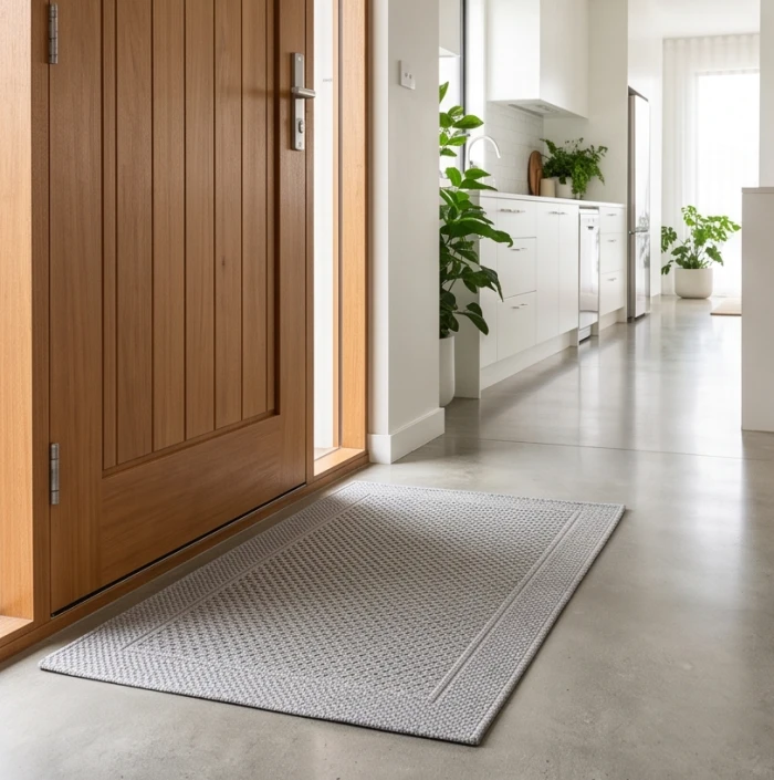 Thảm trải sàn màu xám đặt mép trong cửa chính phối hợp khu bếp hướng Đông hỗ trợ hóa giải Tuyệt Mệnh