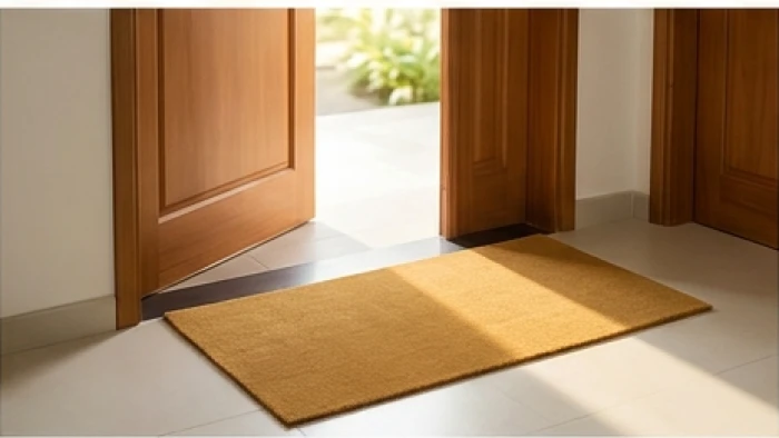 Thảm trải sàn màu nâu vàng đất đặt ngay trước cửa chính nhà ở hóa giải hướng xấu cho gia chủ Mậu Dần 1998