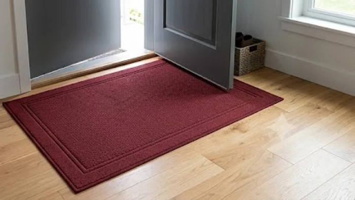 Tấm thảm chùi chân màu đỏ đô đặt ngay trước bậc thềm cửa chính để cản luồng sát khí