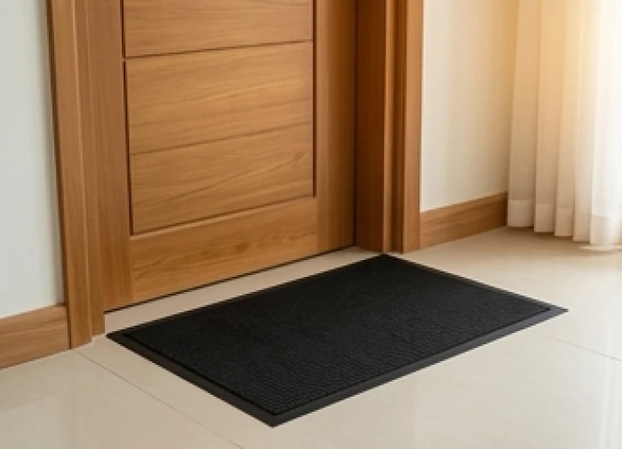 Tấm thảm chùi chân màu đen sạch sẽ được trải ngay ngắn tại khu vực lối cửa chính của một ngôi nhà