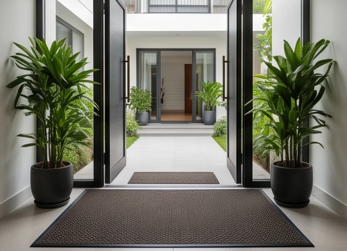 Tấm thảm trải trước cửa chính kết hợp hai chậu Thiết Mộc Lan cao lớn cản bớt hung khí vào nhà