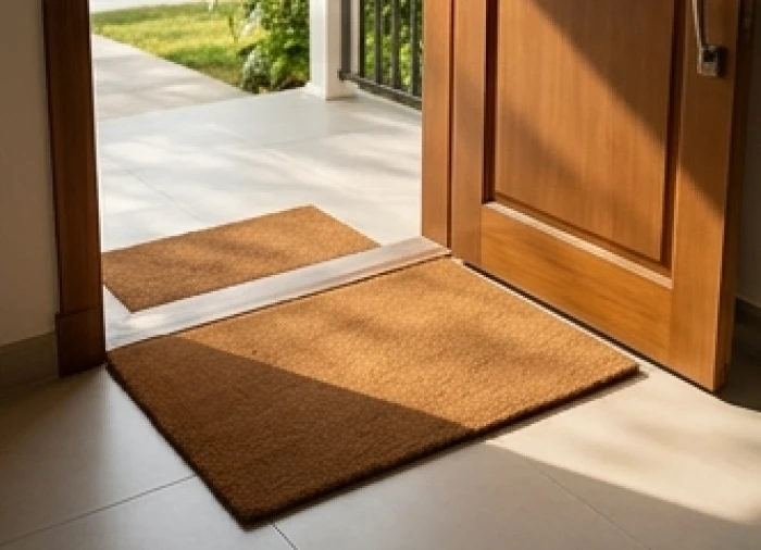 Thảm trải sàn màu nâu đất che kín lối đi ngay trước mép cửa chính ra vào