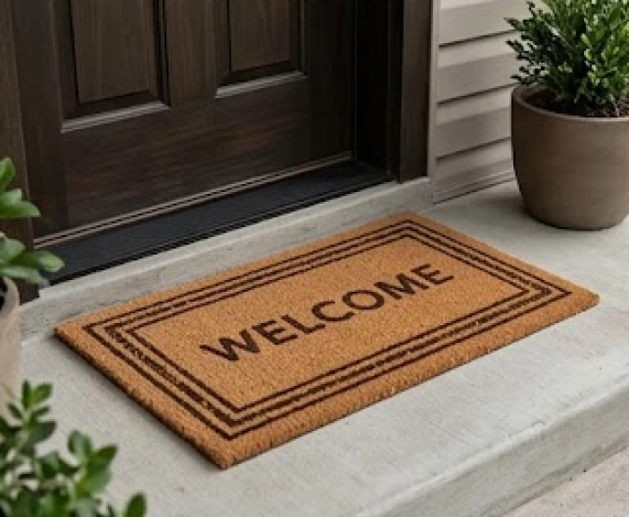 Thảm trải sàn màu nâu sậm đặt trước cửa chính giúp hóa giải sát khí Thủy cho nhà phạm hướng Tuyệt Mệnh