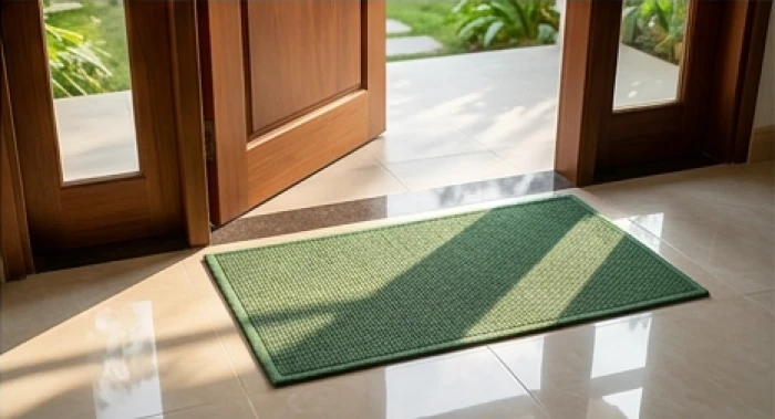 Tấm thảm trải sàn màu xanh lá đặt sát mép lối ra vào cửa chính để tiết chế Thủy khí cho hướng nhà phạm lỗi