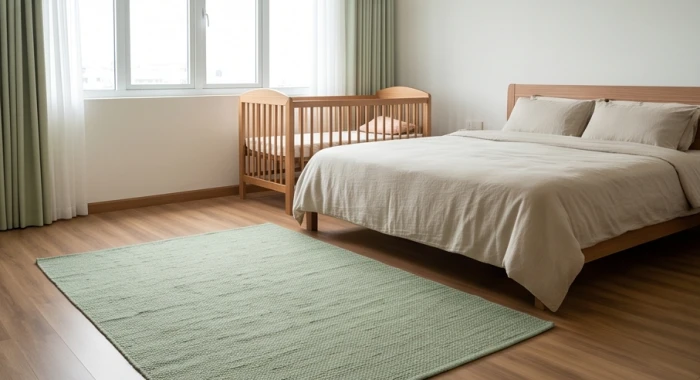 Thảm trải sàn màu xanh lá hành mộc đặt giữa giường bố mẹ và nôi của bé giúp điều hòa năng lượng xung khắc
