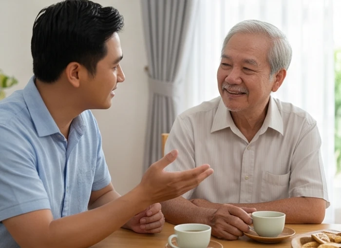 Con cháu trân trọng lắng nghe ông bà tuổi Tân Tỵ chia sẻ kinh nghiệm sống và lời khuyên quý giá trong phòng khách