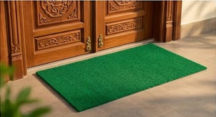 Tấm thảm chùi chân màu xanh lá cây đặt trước cửa chính bằng gỗ nhằm điều hòa luồng khí tốt vào nhà