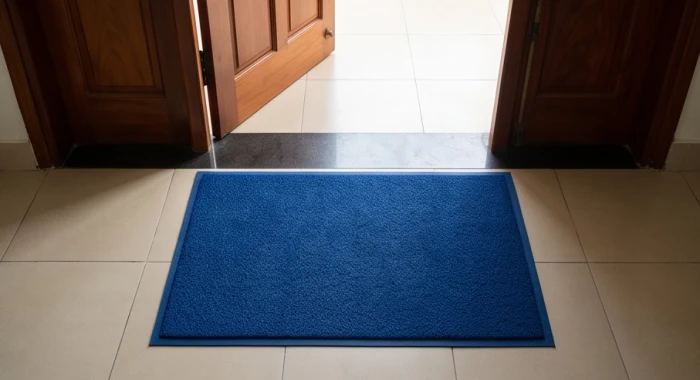 Chiếc thảm chùi chân màu xanh lam được đặt gọn gàng ngay trước cửa chính nhà ở để hóa giải sát khí hướng Tuyệt Mệnh