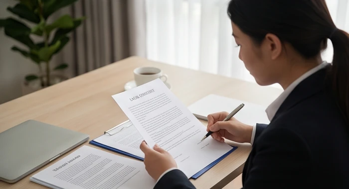 Người phụ nữ cân nhắc cẩn thận trước các tài liệu giao dịch tài chính và hợp đồng đầu tư lớn