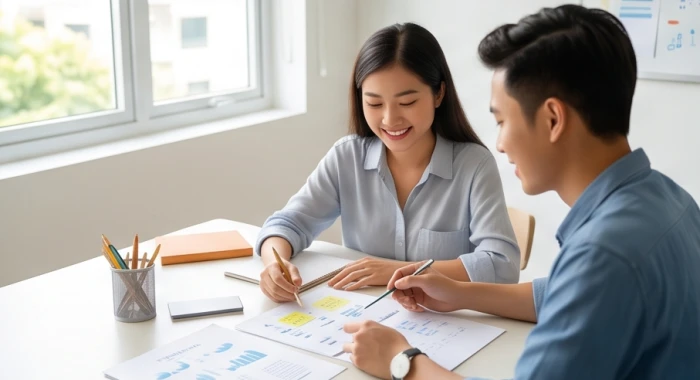 Hai người đồng nghiệp cùng xem xét tài liệu công việc thể hiện sự dung hòa ngũ hành và hỗ trợ lẫn nhau