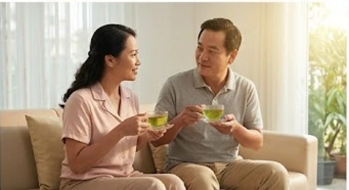 Cặp vợ chồng ngồi uống trà trò chuyện êm ấm trong phòng khách để hòa giải những căng thẳng mùa giữa năm