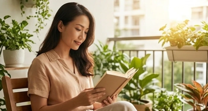 Người phụ nữ thảnh thơi đọc sách bên ban công nhiều ánh sáng thể hiện nét cởi mở của tính cách tuổi sửu sinh mùa nhàn
