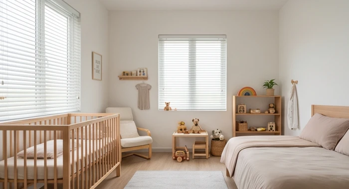 Không gian phòng ngủ thoáng mát với nhiệt độ ổn định giúp chăm sóc sức khỏe cho bé tuổi Tân Sửu 2021 vào thời điểm giao mùa