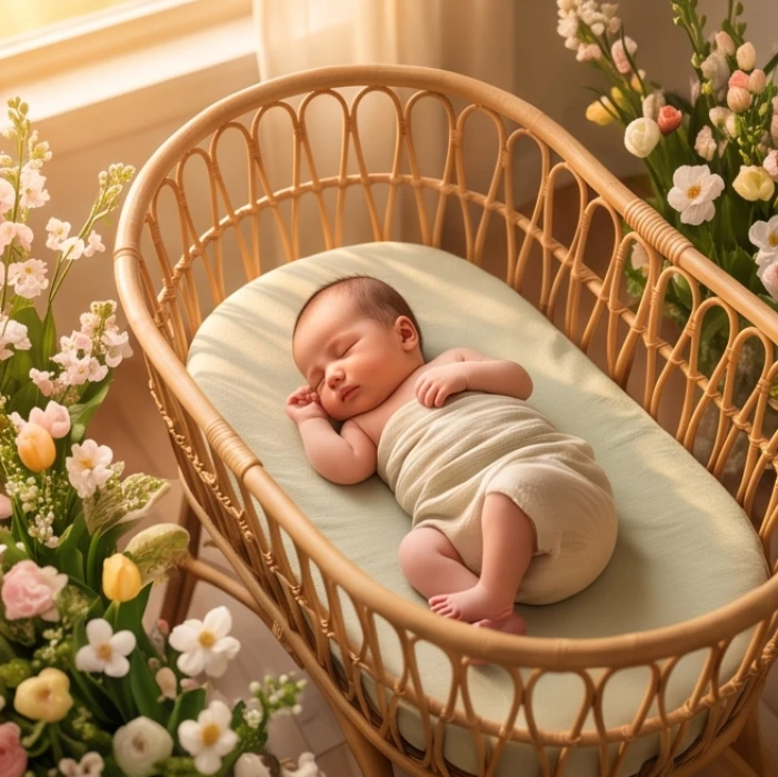 Em bé sơ sinh đang nằm ngủ bình yên trong nôi mây cạnh những nhành hoa mùa xuân đang nảy lộc