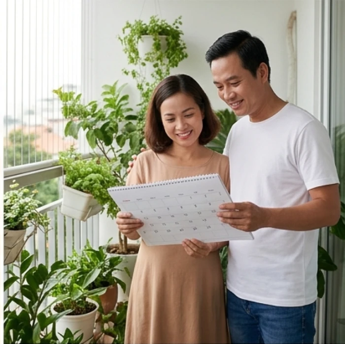 Cặp vợ chồng tuổi Mậu Thìn vui vẻ ngắm nhìn lịch ban công lúc thu sang để chọn tháng tốt đón con chào đời