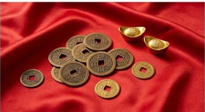Những đồng xu cổ và nén vàng đặt trên mảnh lụa đỏ tượng trưng cho tài lộc hanh thông