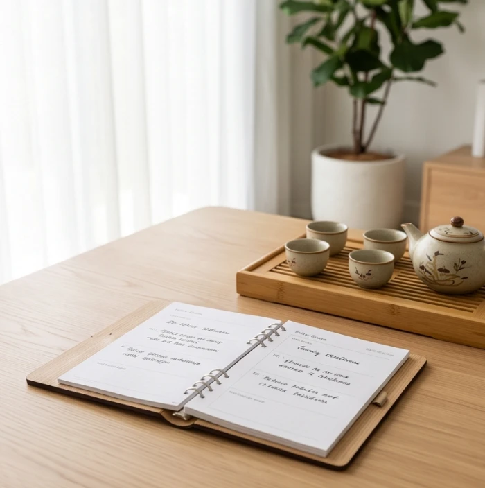 Không gian phòng gia đình ấm cúng với lịch để bàn đánh dấu các tháng đại sự may mắn trong năm 2026