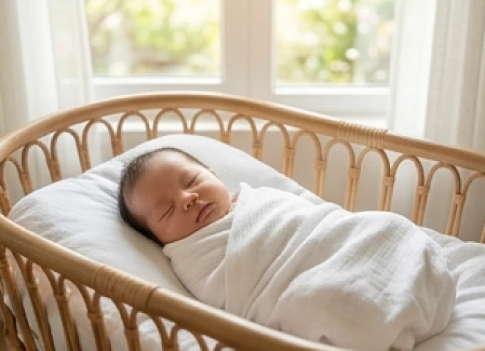 Trẻ sơ sinh khỏe mạnh ngủ bình yên trong nôi gỗ cạnh cửa sổ ngập tràn ánh nắng mùa xuân