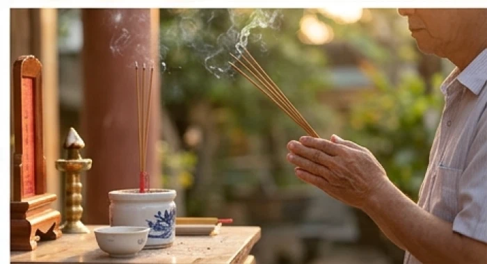 Gia chủ chắp tay thành kính dâng nén nhang thơm trước mâm lễ nhỏ để cầu nguyện cho cụ được bình an