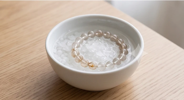 Ngâm vòng đá phong thủy tự nhiên trong bát nước muối biển loãng để thanh tẩy năng lượng tiêu cực