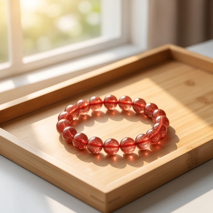 Vòng tay thạch anh tóc đỏ phơi dưới ánh nắng ban mai giúp thanh tẩy và nạp năng lượng dương cho mệnh Tích Lịch Hỏa