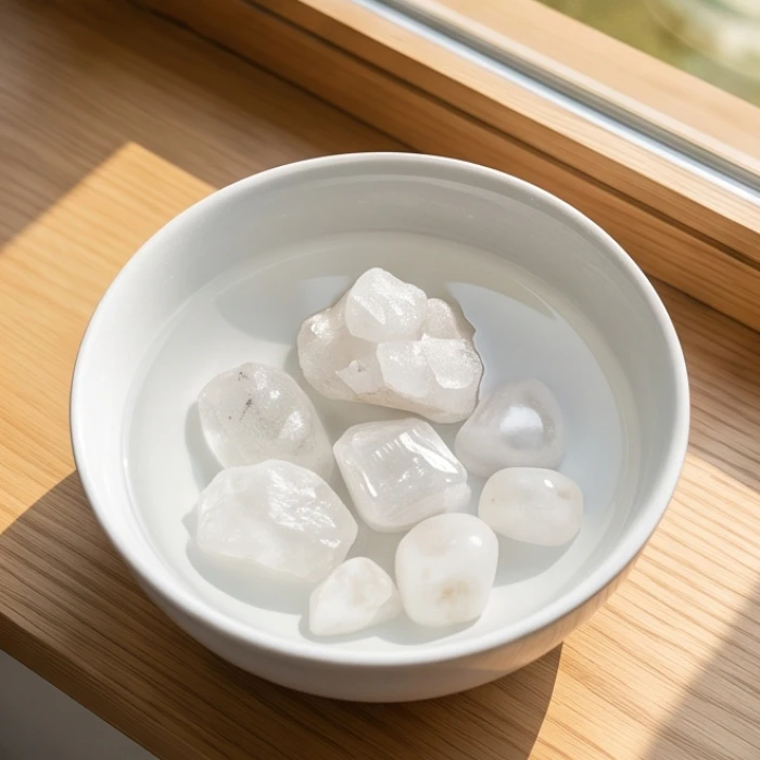 Các viên đá thạch anh tự nhiên được ngâm trong bát sứ trắng với nước muối tinh khiết dưới ánh nắng sớm ban mai