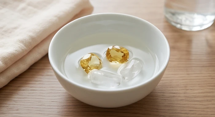 Việc thanh tẩy thạch anh trắng và sapphire vàng bằng nước muối loãng trong chén sứ bên cạnh khăn mềm