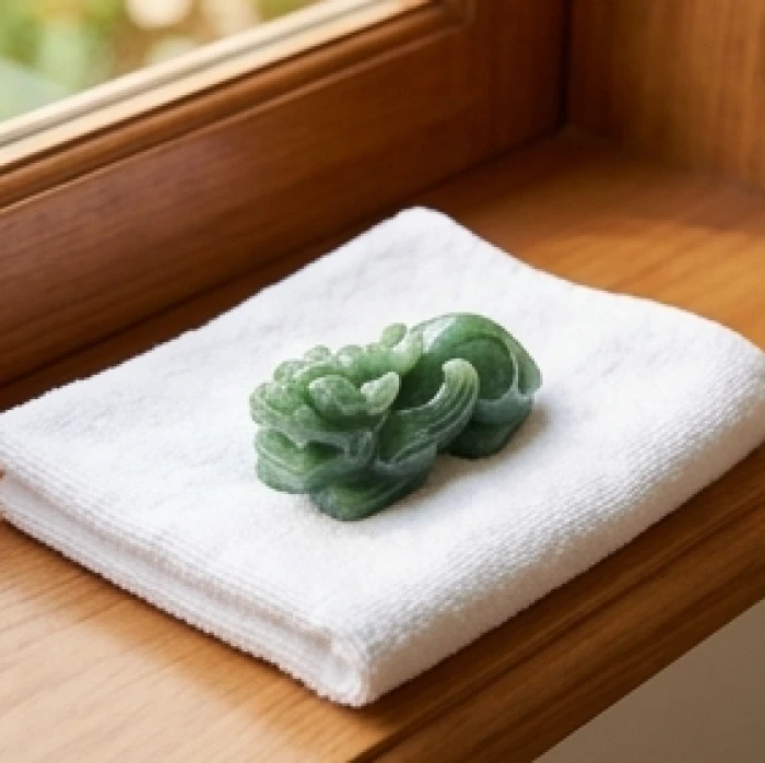 Mặt dây chuyền tỳ hưu ngọc bích đặt trên khăn bông sạch gần bệ cửa sổ đón ánh nắng mặt trời