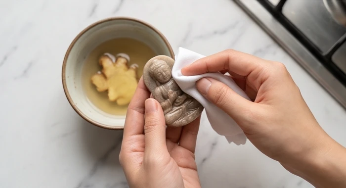 Bàn tay dùng khăn sạch mềm thấm nước gừng loãng lau nhẹ nhàng mặt Phật đá tự nhiên