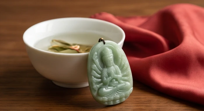 Chuẩn bị chén sứ chứa nước bao sái rượu trắng và khăn lụa đỏ để thanh tẩy mặt phật bản mệnh tuổi tý