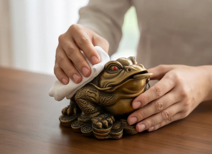Quá trình dùng khăn lụa mềm lau sạch bụi bẩn trên tượng Thiềm Thừ trong buổi sáng định kỳ