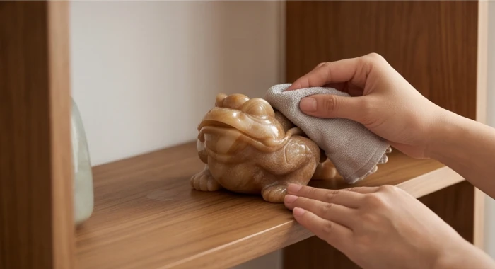 Gia chủ cẩn thận lau sạch tượng thiềm thừ bằng khăn mềm thấm nước ấm pha muối loãng sau khi điều chỉnh hướng