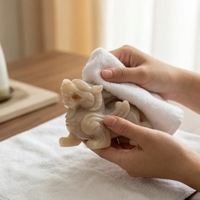 Thao tác lau sạch từ đầu xuống đuôi tượng tỳ hưu để thanh tẩy sau khi bị người lạ vô tình chạm vào