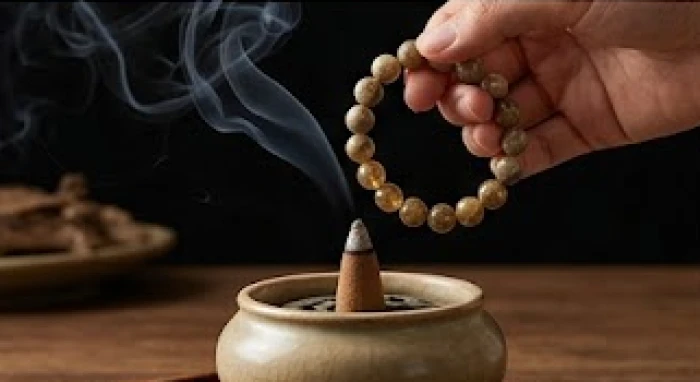 Hơ chiếc vòng đá tự nhiên qua làn khói trầm hương mờ ảo để thanh tẩy năng lượng tiêu cực