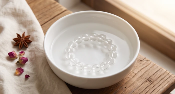 Chuỗi hạt thạch anh tự nhiên ngâm trong bát sứ trắng chứa nước pha muối biển loãng