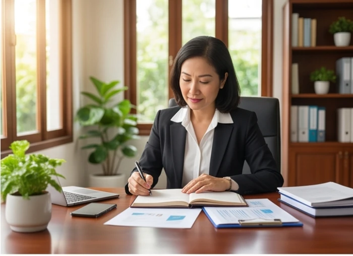 Người phụ nữ thành đạt xem sổ sách quản lý kinh doanh trong phòng làm việc trang nhã