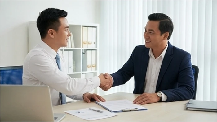 Nam quản lý tuổi Mậu Dần 1998 tự tin ký kết hợp đồng thương mại với đối tác tại văn phòng