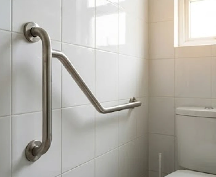 Thanh vịn inox bọc nhựa ma sát được gắn chắc chắn lên tường nhà tắm để hỗ trợ người cao tuổi di chuyển.