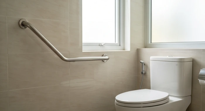 Thanh vịn inox an toàn được lắp đặt chắc chắn dọc theo tường nhà tắm bảo vệ người cao tuổi