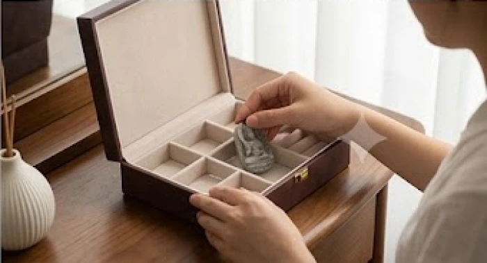 Mặt dây chuyền Phật bản mệnh được tháo ra và đặt gọn gàng vào hộp trang sức