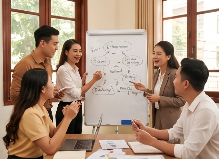 Một nhóm đối tác trẻ đang hào hứng chia sẻ ý tưởng mới trên bảng kế hoạch công việc