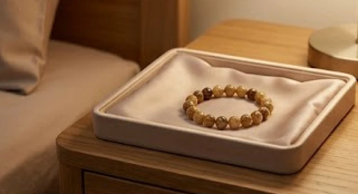 Chiếc vòng tay phong thủy được tháo ra và đặt gọn gàng trên một khay lụa mềm cạnh giường ngủ