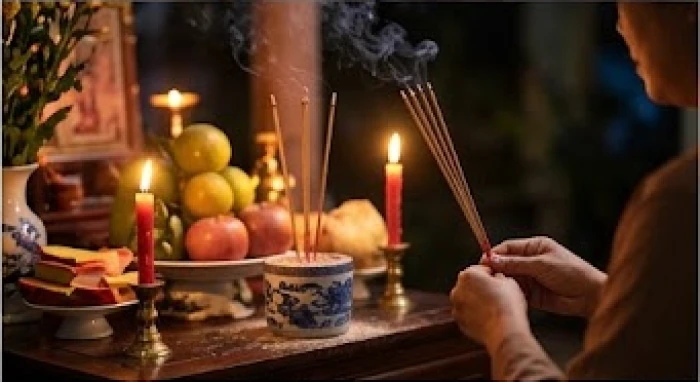 Gia chủ thành tâm thắp hương đọc văn khấn cúng sao giải hạn ban đêm đầu năm