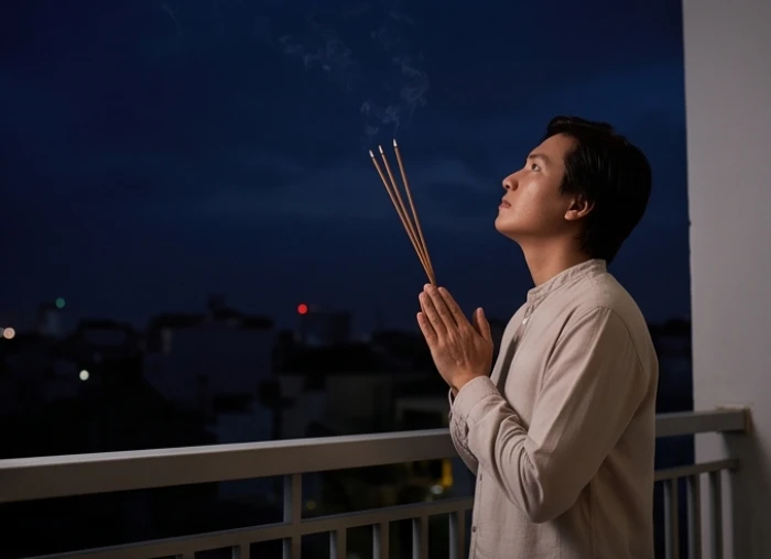 Gia chủ thành tâm thắp nhang và đọc văn khấn giải hạn ngoài trời vào buổi tối hướng về chòm sao chiếu mệnh