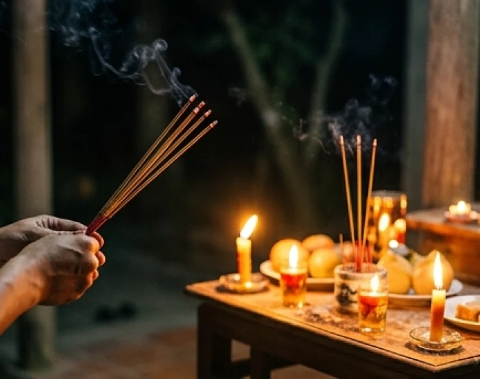 Đôi bàn tay thành kính thắp nén nhang đỏ trước mâm lễ cúng sao ngoài ban công